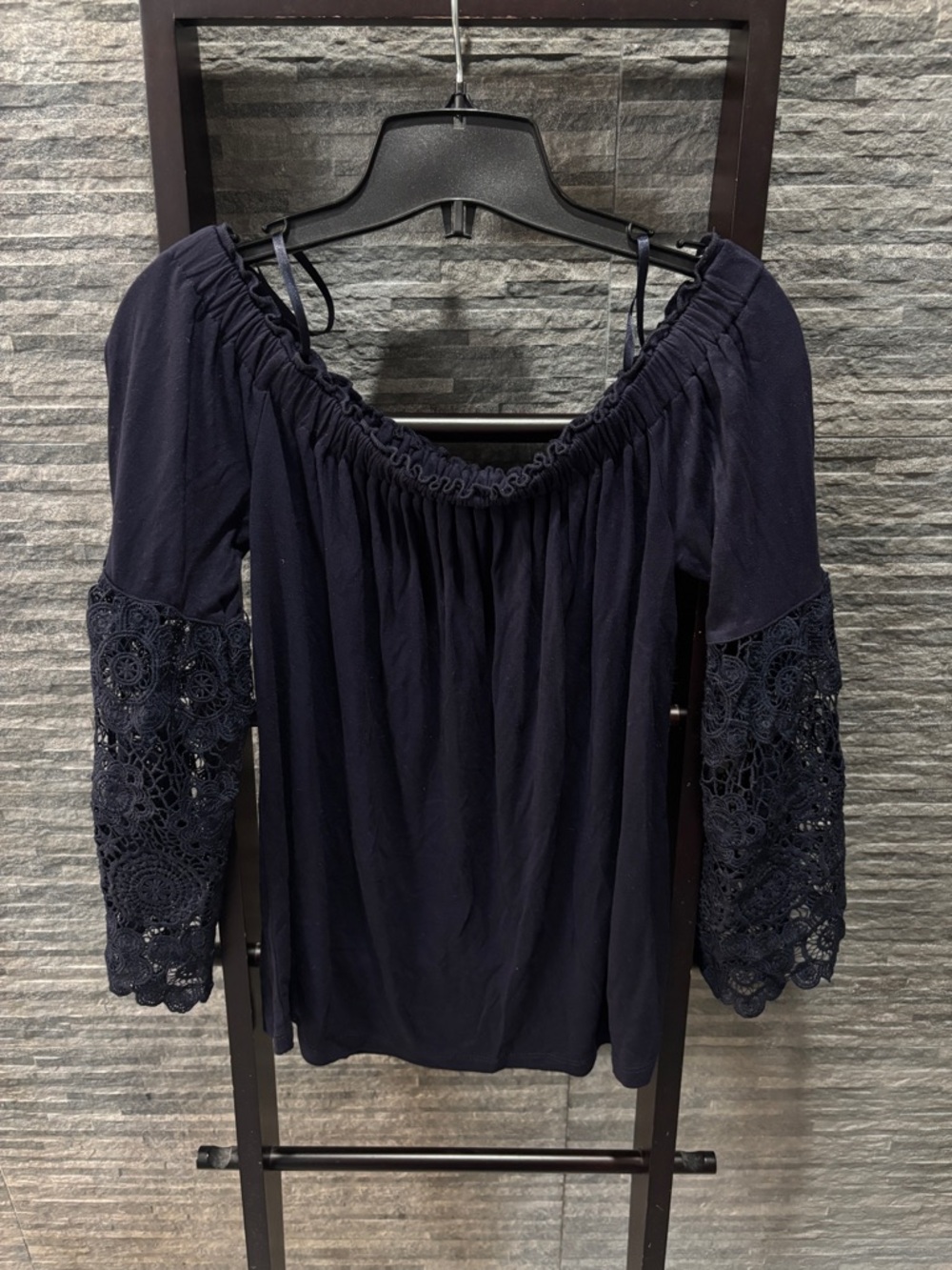 Loft Off-Shoulder Navy Lace Sleeve Women’s Top